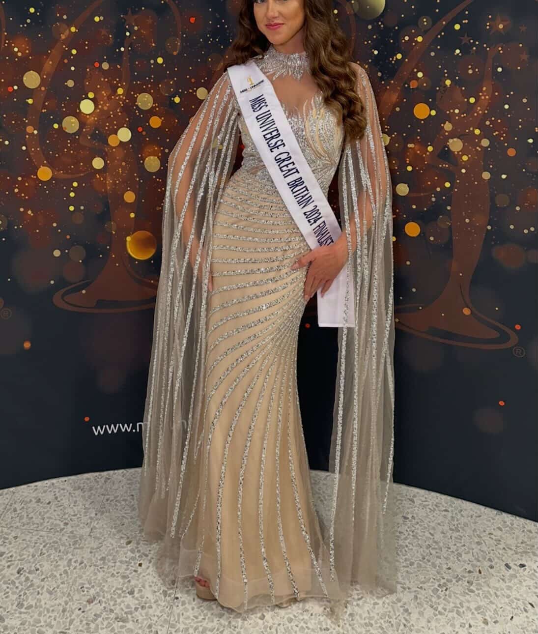 Beaded cape sleeve gown